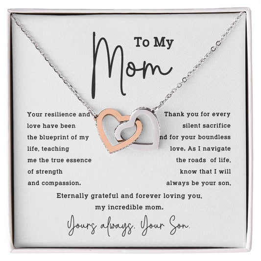 To My Mom Necklace from Son – Interlocking Hearts with Gratitude Card