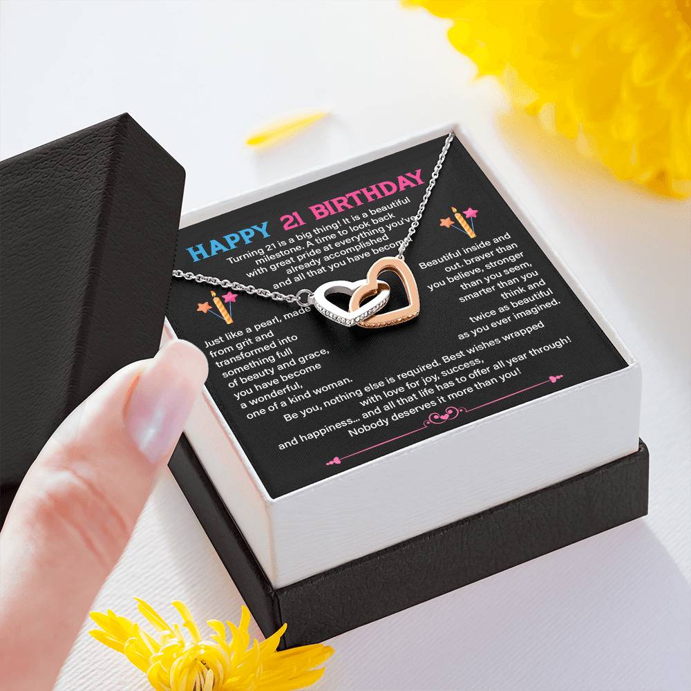 21st Birthday Necklace for Her – Interlocking Hearts & Message Card