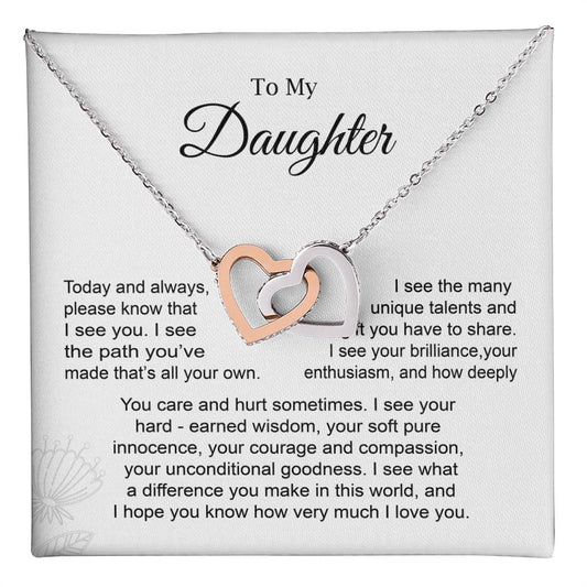 Daughter Necklace Gift with Interlocking Hearts and Card