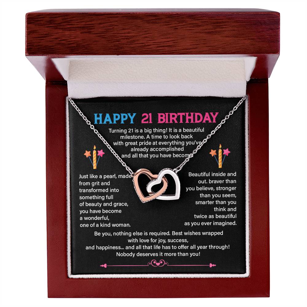 21st Birthday Necklace for Her – Interlocking Hearts & Message Card