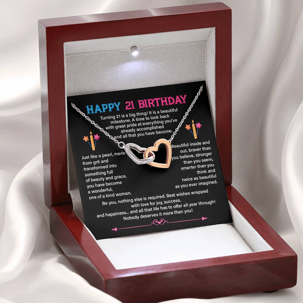 21st Birthday Necklace for Her – Interlocking Hearts & Message Card