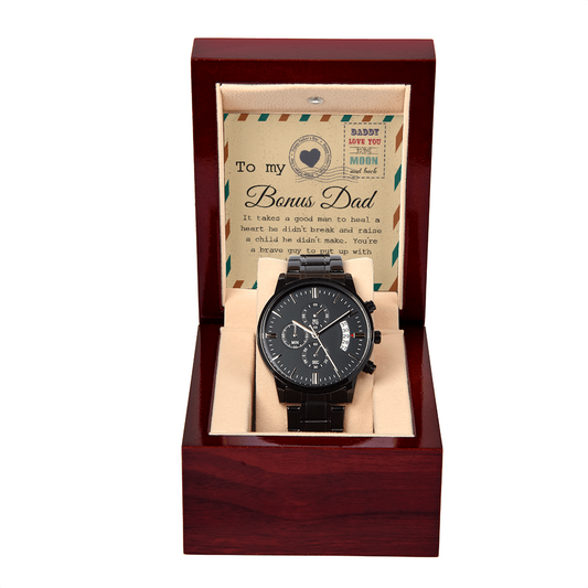Bonus Dad Black Watch Gift with Brave and Loving Message