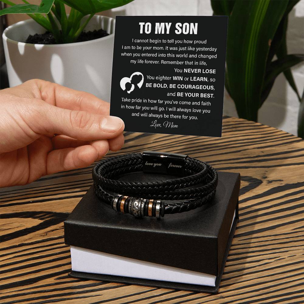 To My Son Leather Bracelet with Courage Message Card