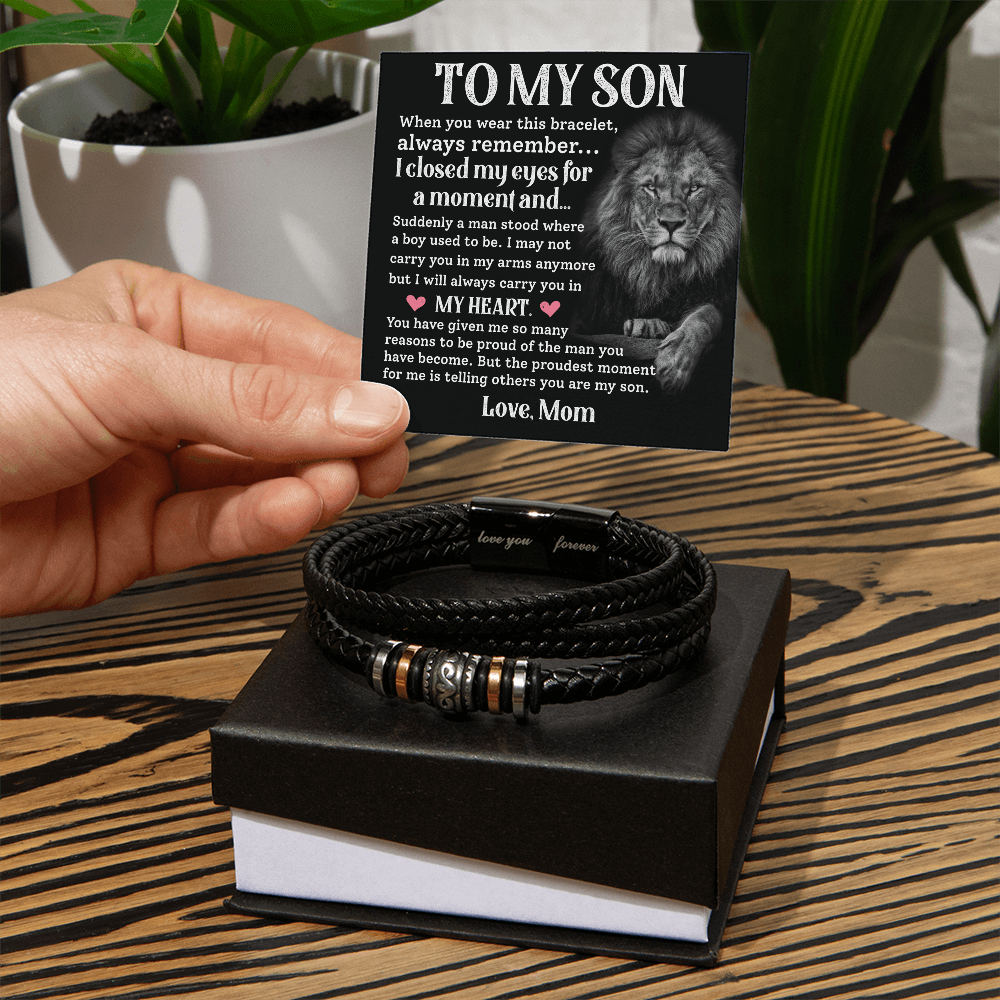 Gift for Son from Mom Leather Bracelet with Emotional Message Card