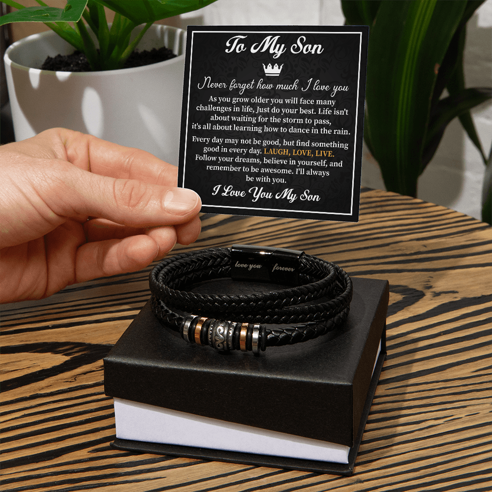 To My Son Bracelet Gift from Dad - Black Leather Wristband