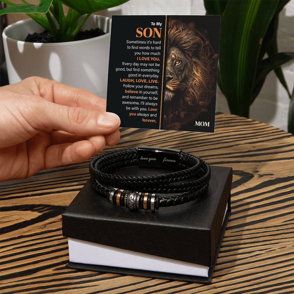 Son Leather Bracelet Gift with Lion Message Card