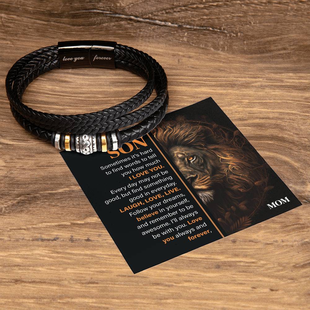 Son Leather Bracelet Gift with Lion Message Card