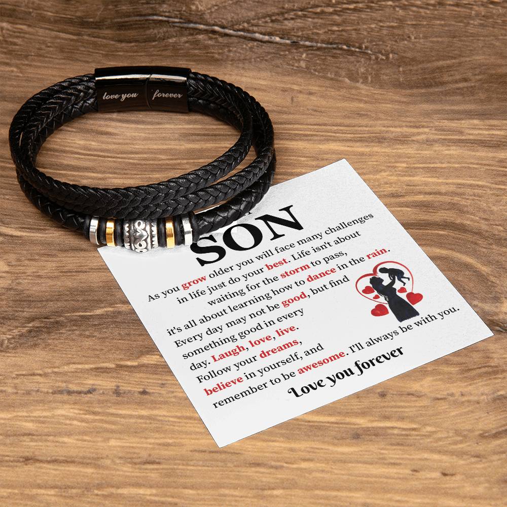 To My Son Leather Bracelet Gift from Mom With Note