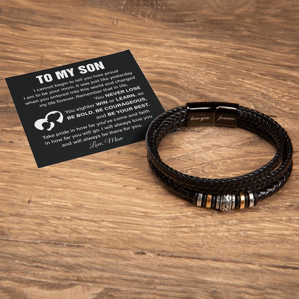 To My Son Leather Bracelet with Courage Message Card