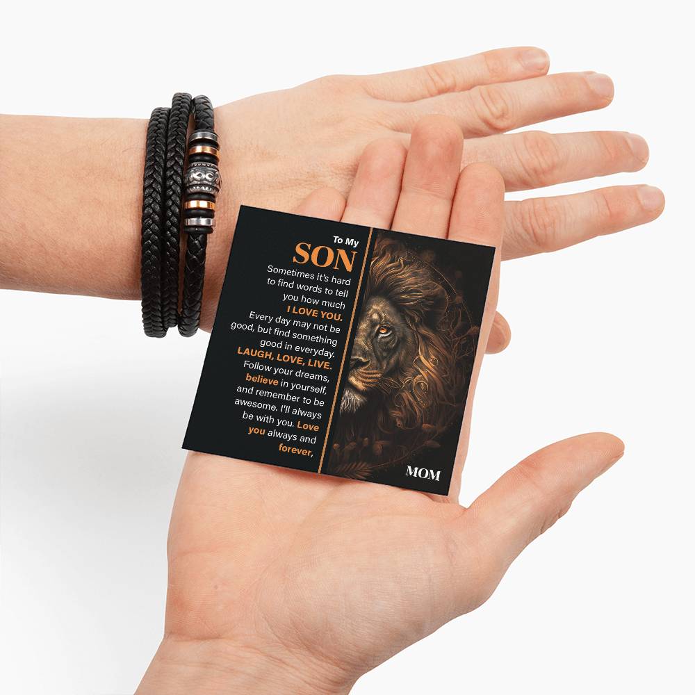 Son Leather Bracelet Gift with Lion Message Card