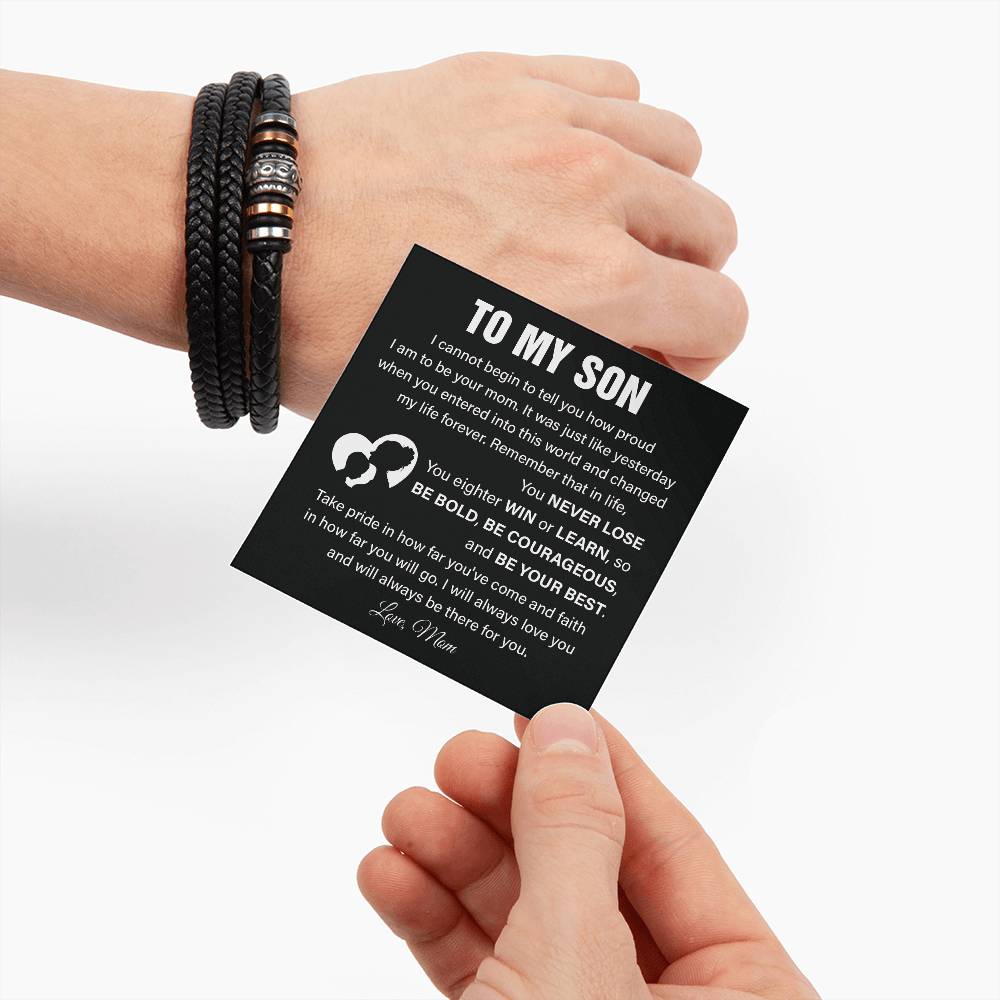 To My Son Leather Bracelet with Courage Message Card