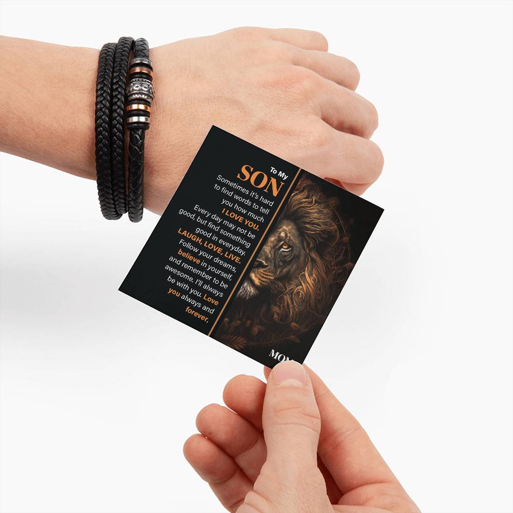 Son Leather Bracelet Gift with Lion Message Card