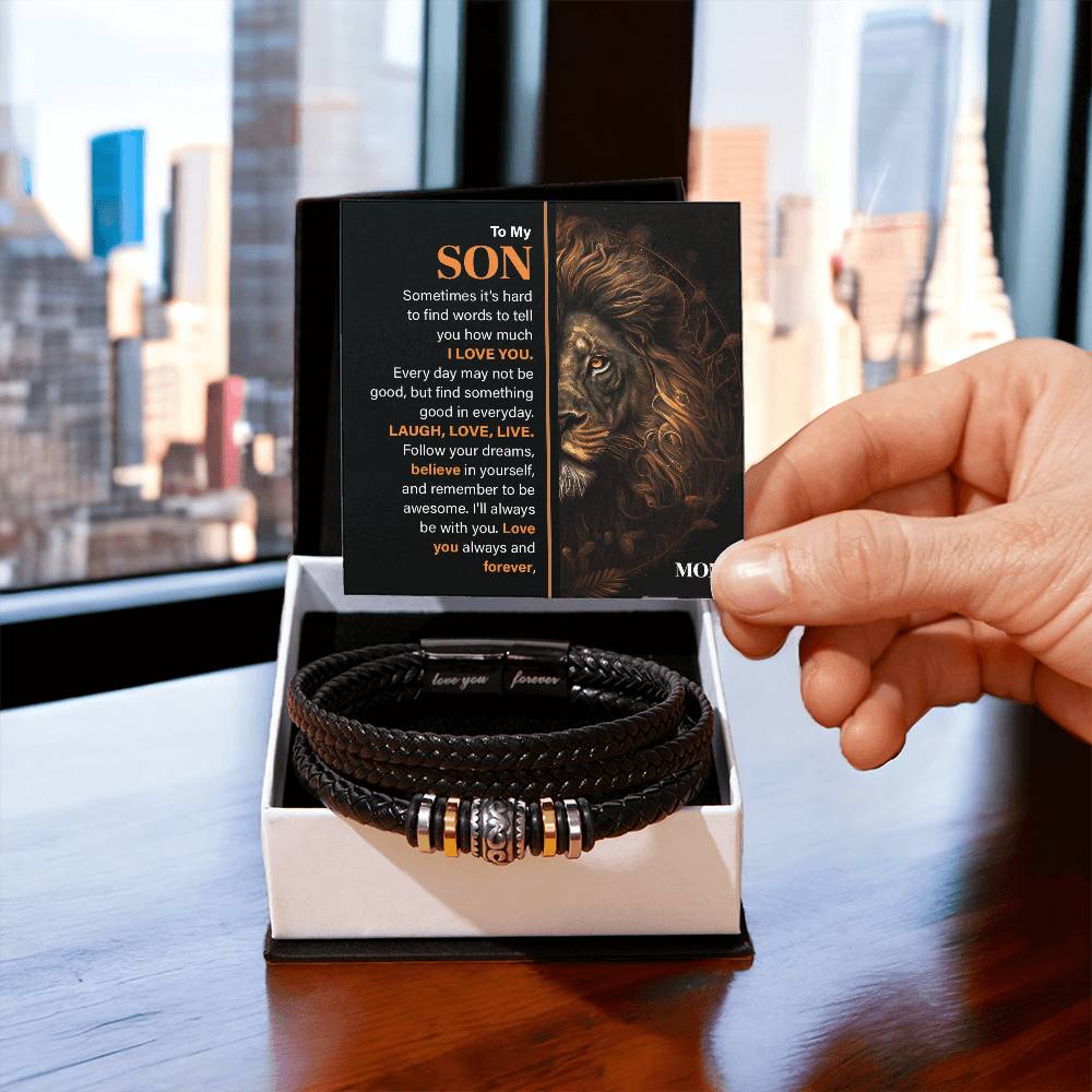 Son Leather Bracelet Gift with Lion Message Card