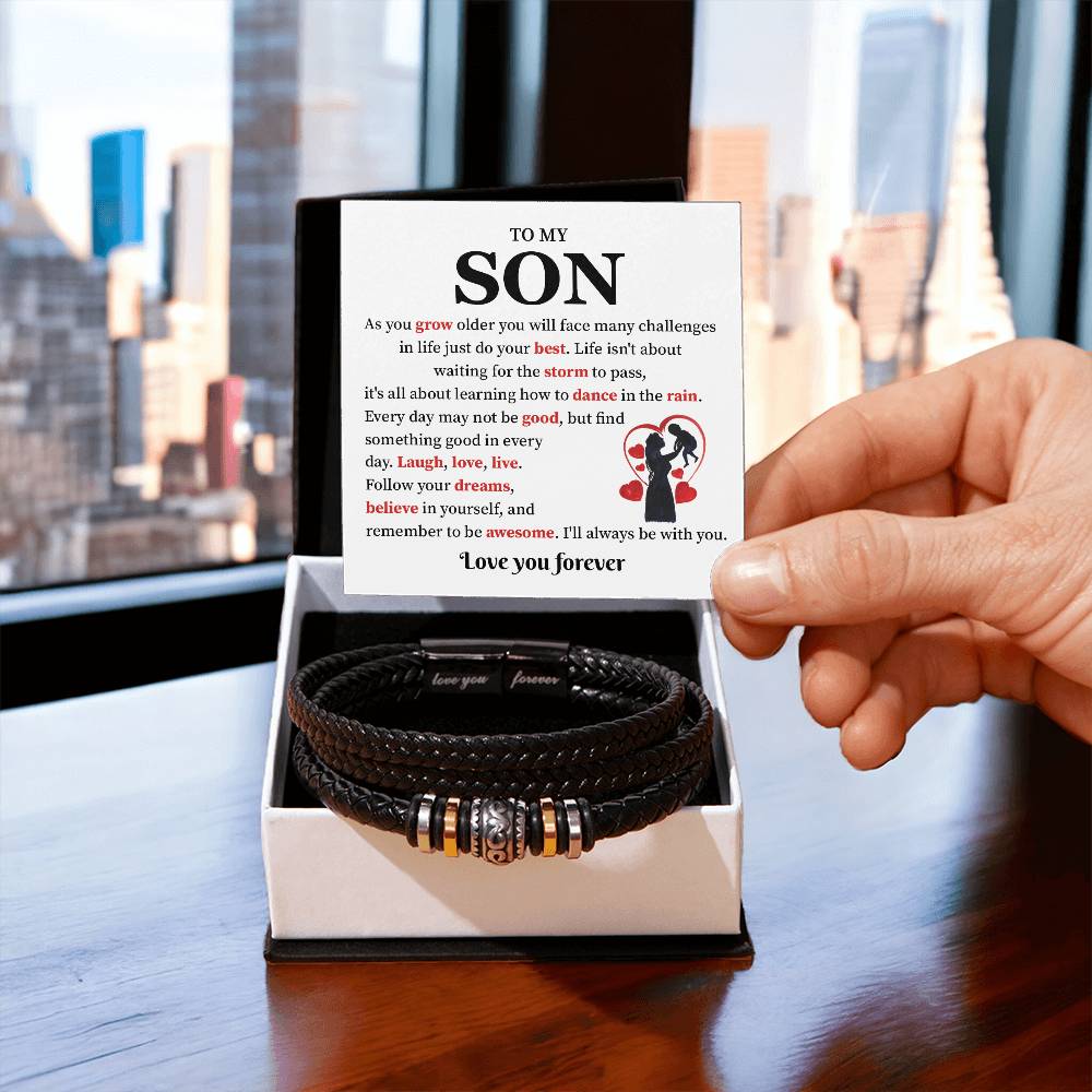 To My Son Leather Bracelet Gift from Mom With Note