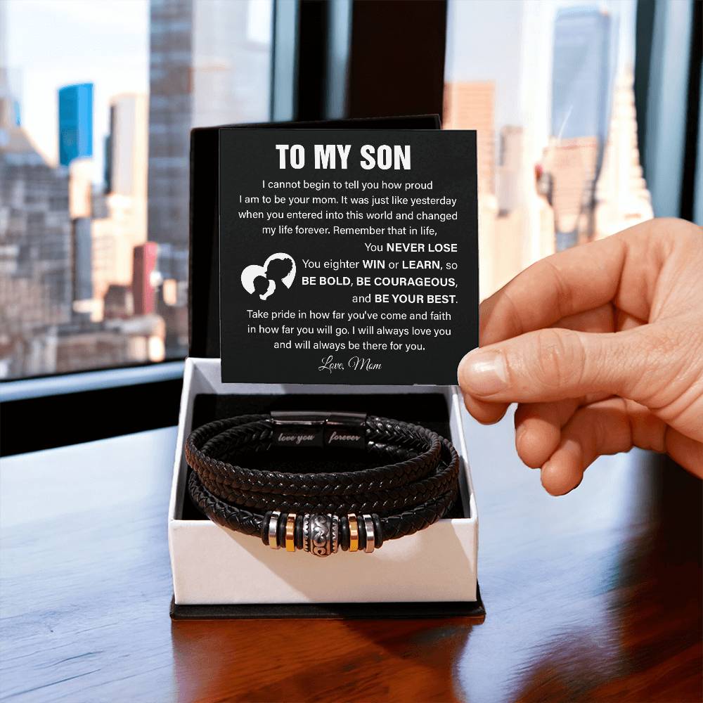 To My Son Leather Bracelet with Courage Message Card