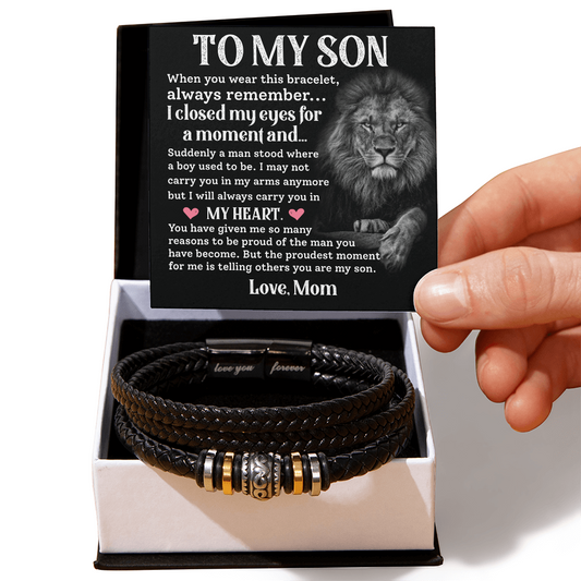 Gift for Son from Mom -  Leather Bracelet with Emotional Message Card