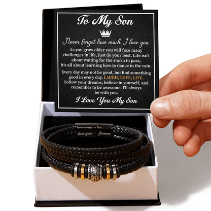 To My Son Bracelet Gift from Dad - Black Leather Wristband