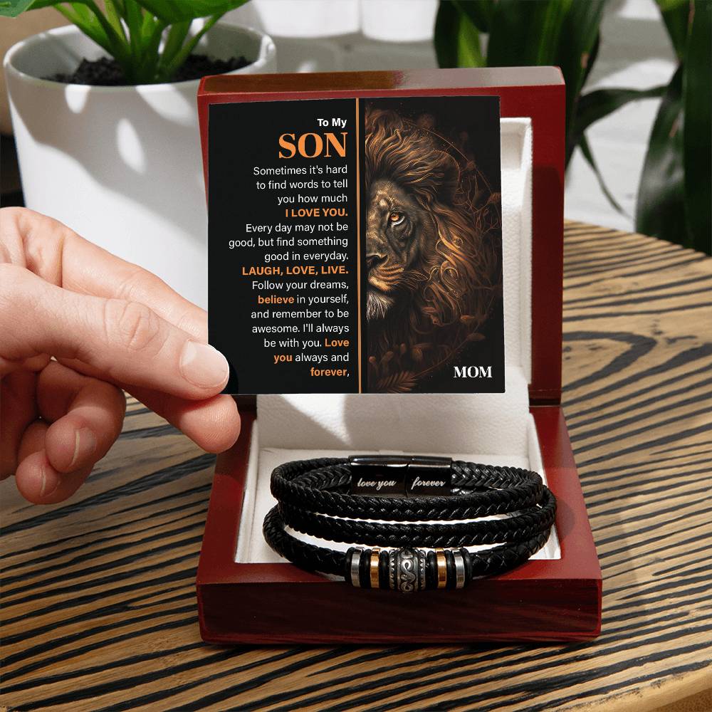 Son Leather Bracelet Gift with Lion Message Card