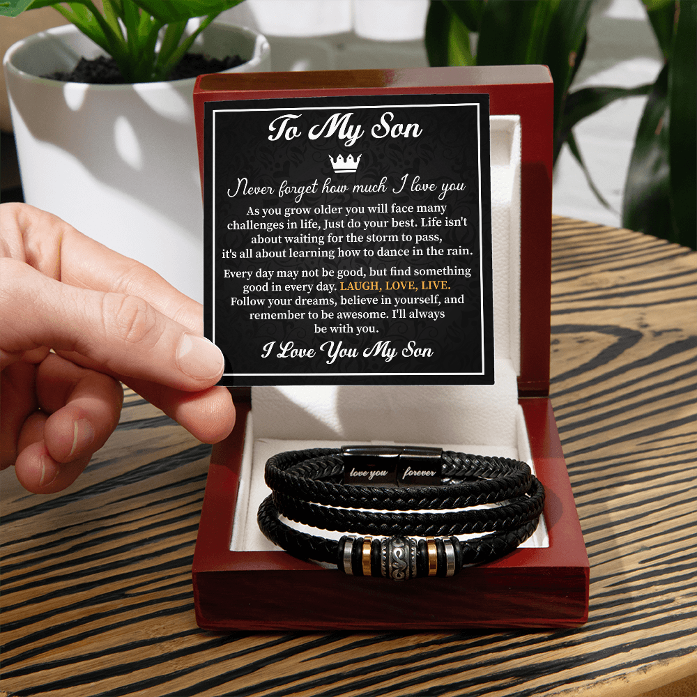 To My Son Bracelet Gift from Dad - Black Leather Wristband