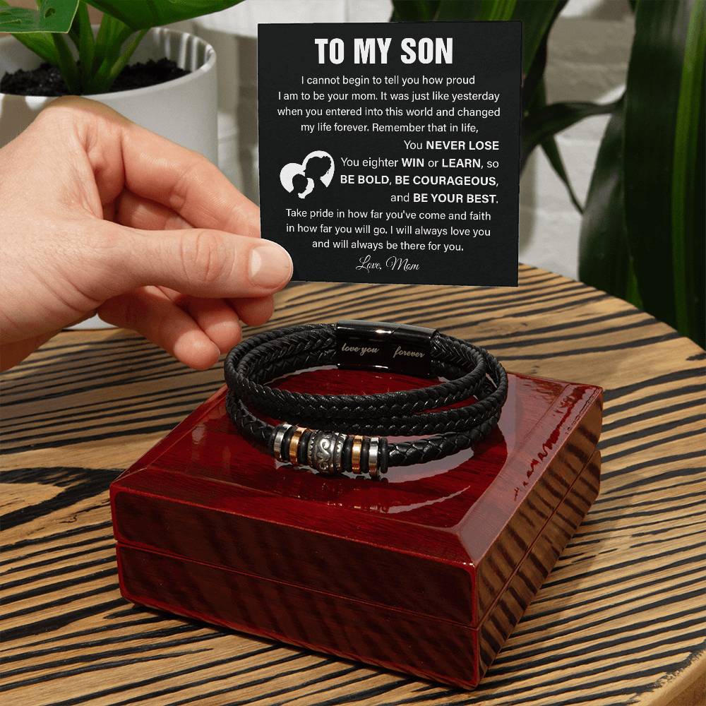 To My Son Leather Bracelet with Courage Message Card