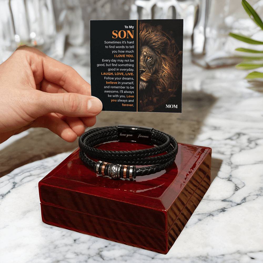Son Leather Bracelet Gift with Lion Message Card