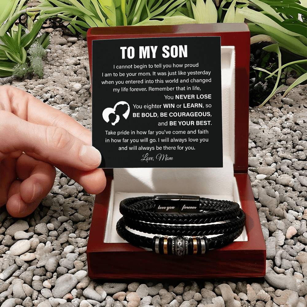 To My Son Leather Bracelet with Courage Message Card