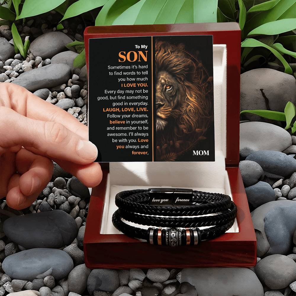 Son Leather Bracelet Gift with Lion Message Card