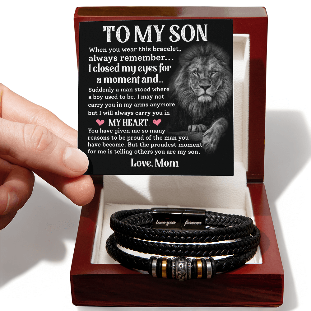 Gift for Son from Mom Leather Bracelet with Emotional Message Card