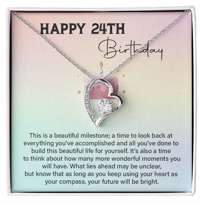 24th Birthday Necklace Gift for Her – Heart Pendant with Message Card