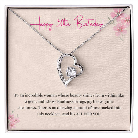 30th Birthday Necklace Gift for Her – Heart Pendant with Message