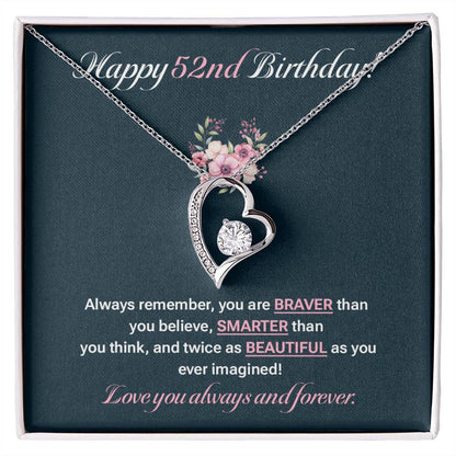 52nd Birthday Gift for Her – Heart Necklace with Floral Message Card