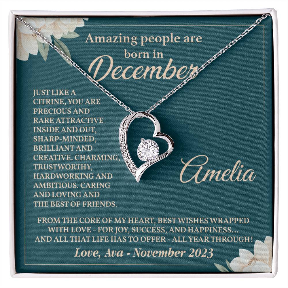 December Birthday Necklace Gift for Her – Heart Pendant with Card
