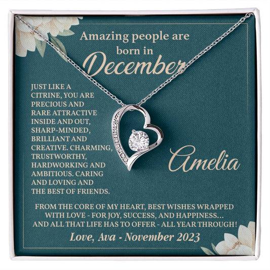 December Birthday Necklace Gift for Her – Heart Pendant with Card