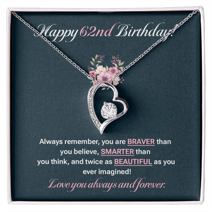 62nd Birthday Necklace Gift for Her – Heart Pendant & Message Card