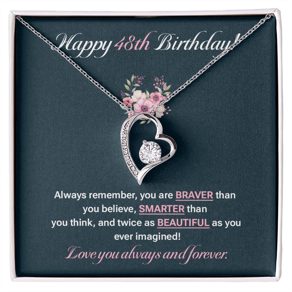 48th Birthday Gift for Her – Heart Necklace with Sentimental Message Card