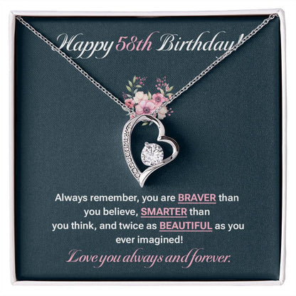 58th Birthday Gift for Her – Heart Pendant with Loving Message Card