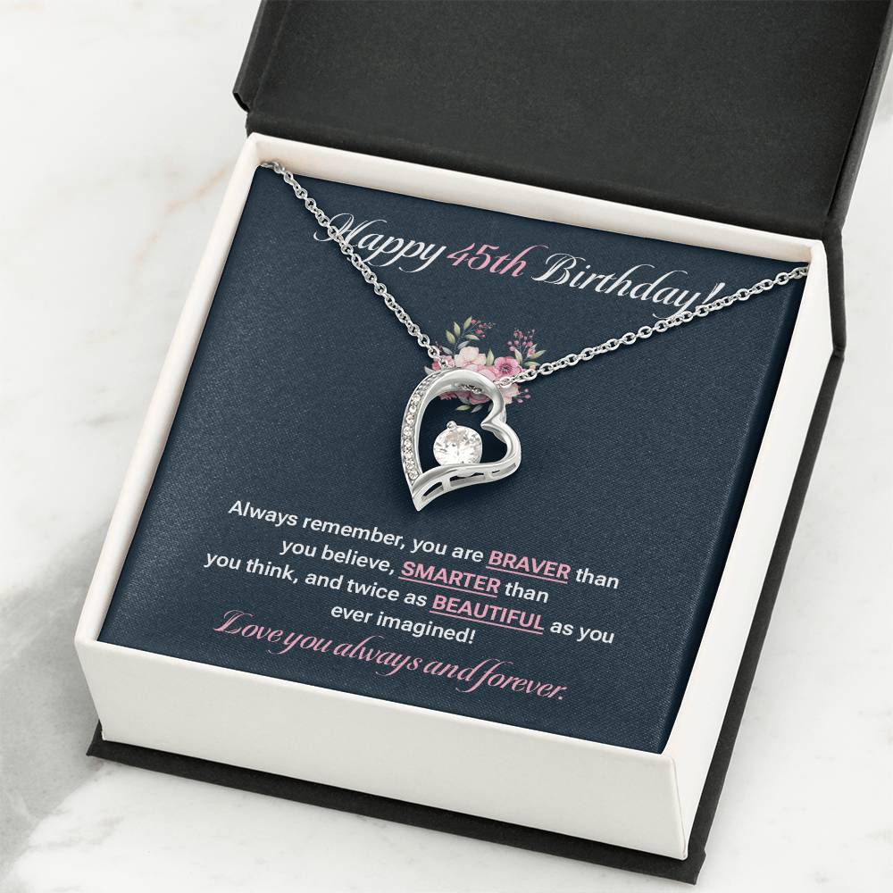 45th Birthday Gift for Her – Elegant Heart Necklace with Message Card