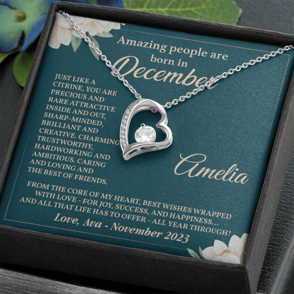 December Birthday Necklace Gift for Her – Heart Pendant with Card