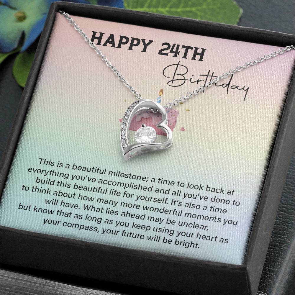 24th Birthday Necklace Gift for Her – Heart Pendant with Message Card