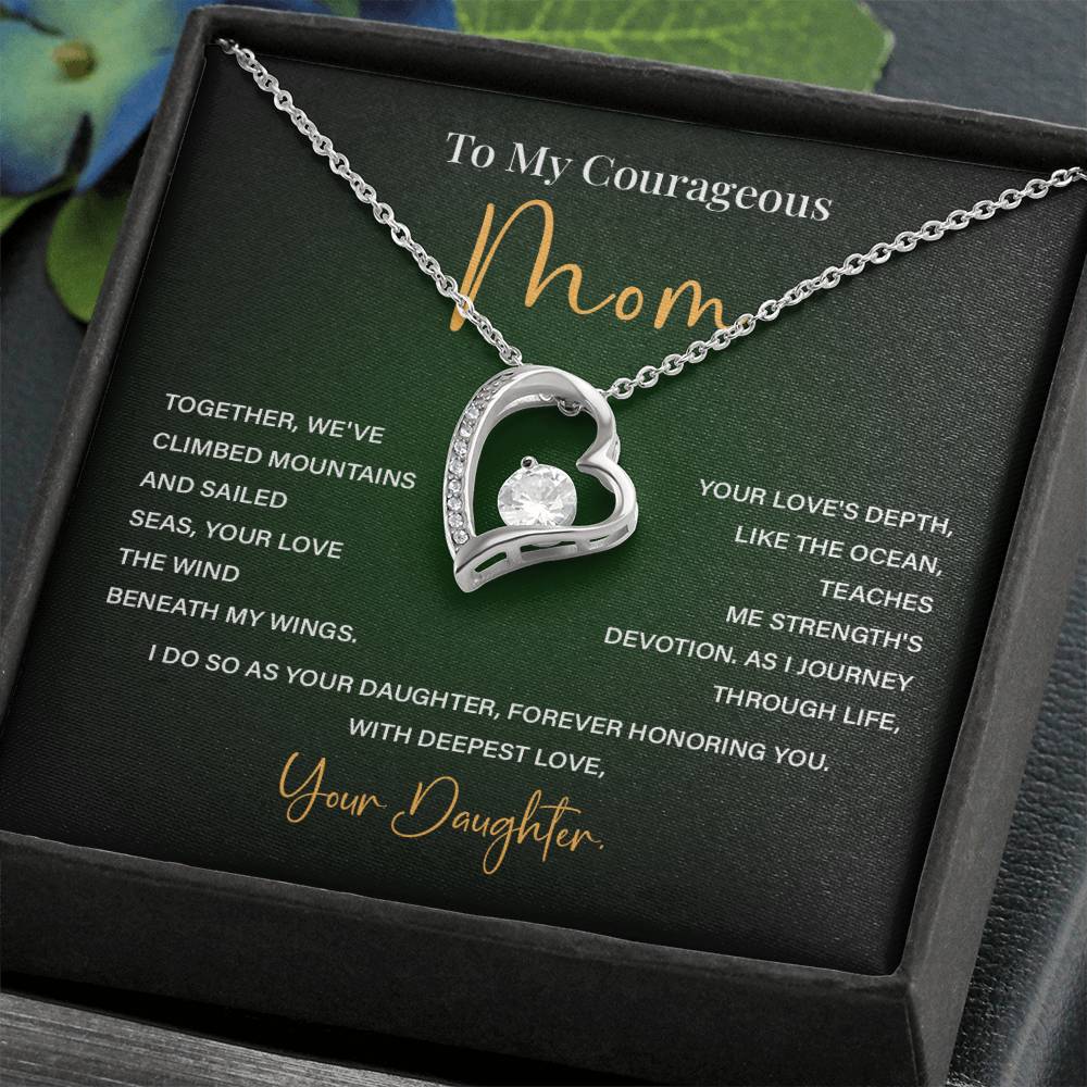 Heart Necklace for Brave Mom – From Daughter with Poetic Message Card