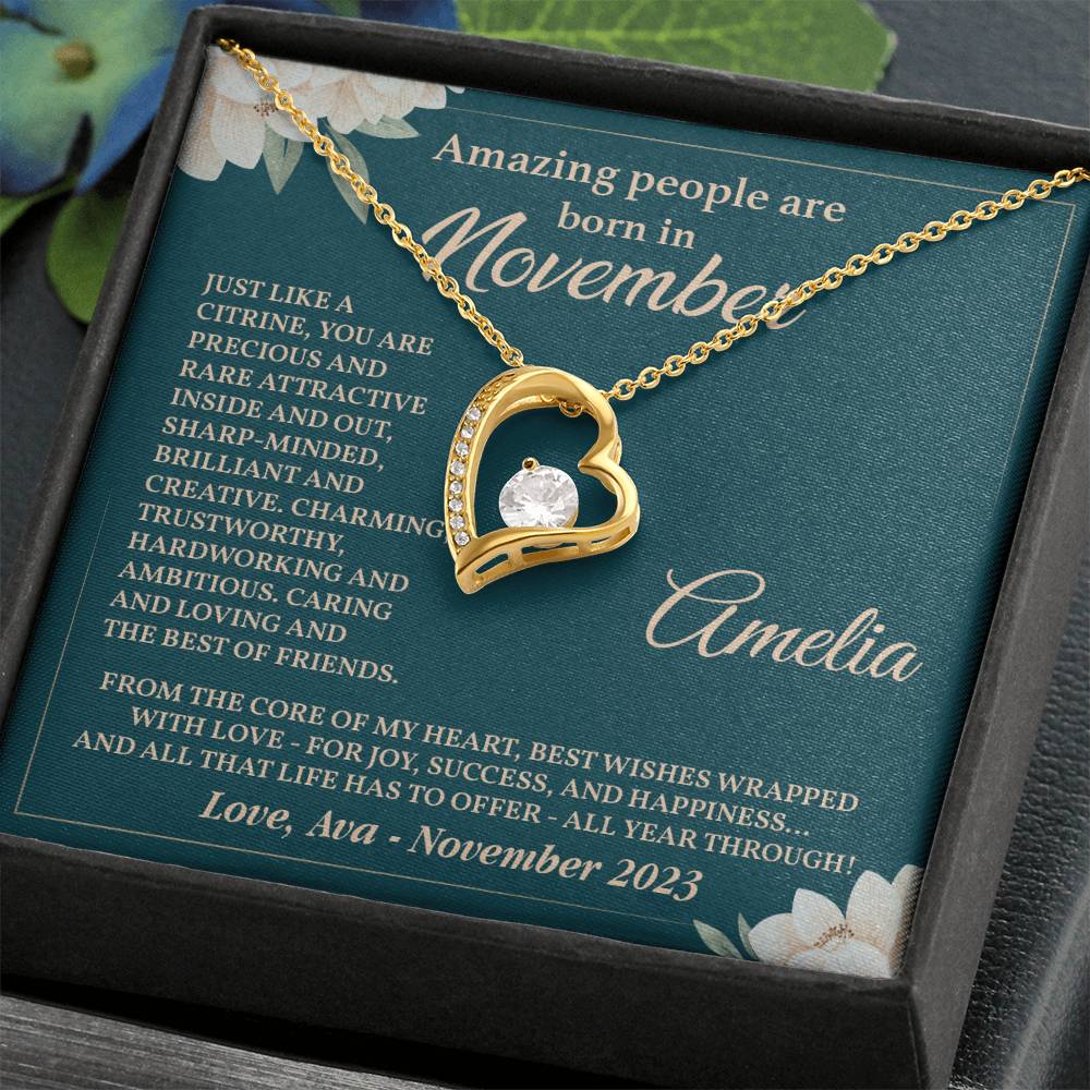 November Birthday Necklace Gift for Her – Heart Pendant with Card