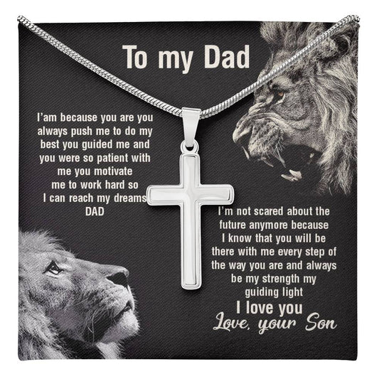 Dad Cross Necklace Gift from Son – Double Lion Artwork Pendant with Inspirational Message Card