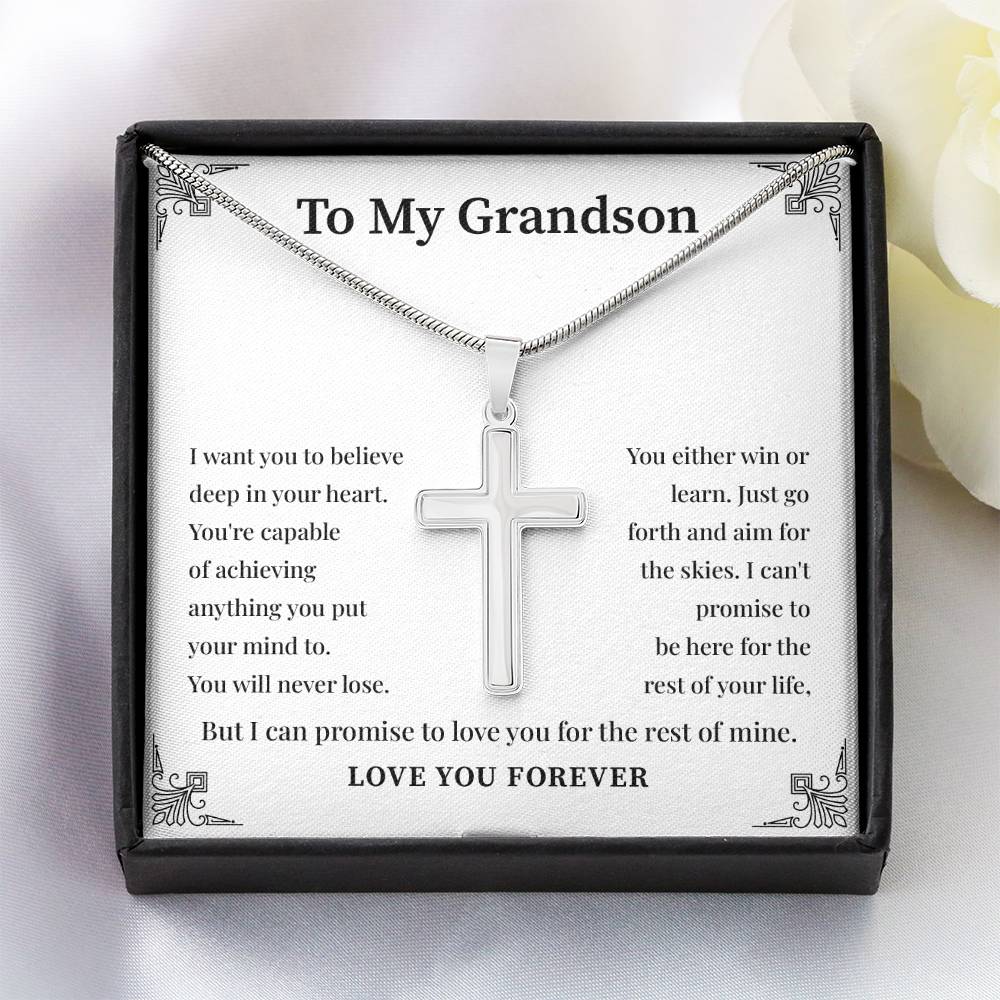 Inspirational Grandson Cross Necklace – Uplifting Message Gift for Him