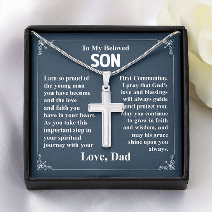 To My Beloved Son I am So Proud Of The Young Man, Cross Necklace Gift From Dad With Amazing Message Card