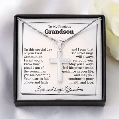 To My Precious Grandson Cross Necklace Love And Hugs, Grandma