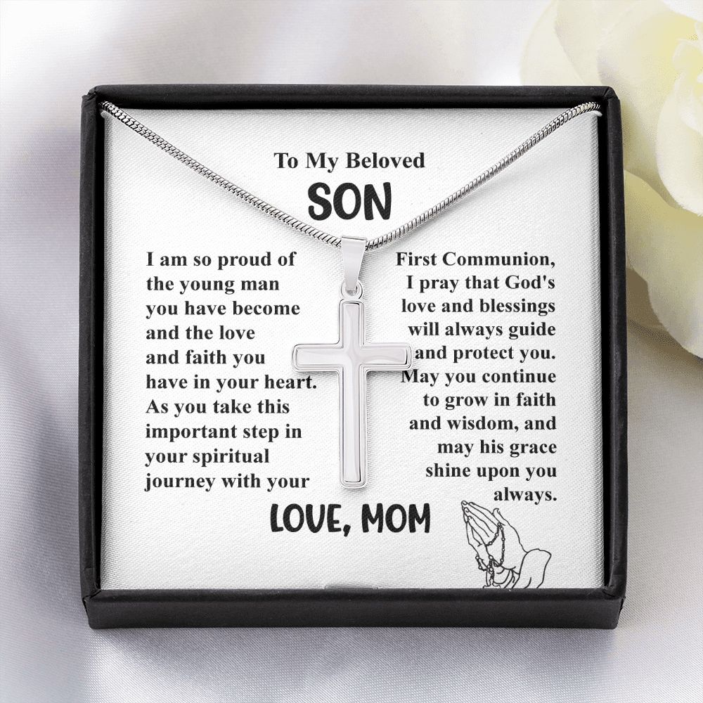 To My Beloved Son I am So Proud of The Young Man - Cross Necklace Gifts From Mom With Beautiful Message
