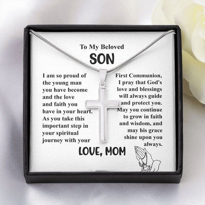 To My Beloved Son I am So Proud of The Young Man - Cross Necklace Gifts From Mom With Beautiful Message