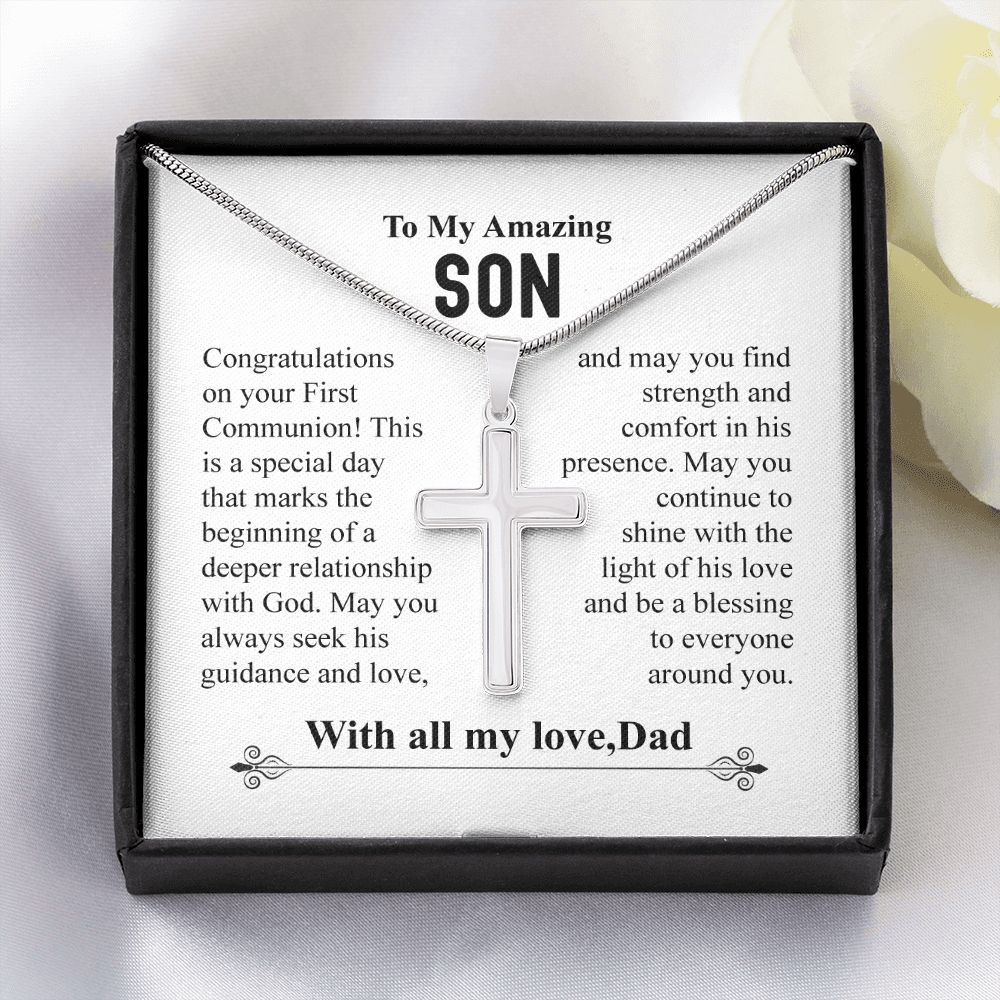 To My Amazing Son Cross Necklace With All My Love Dad - Congratulations On Your First Communion