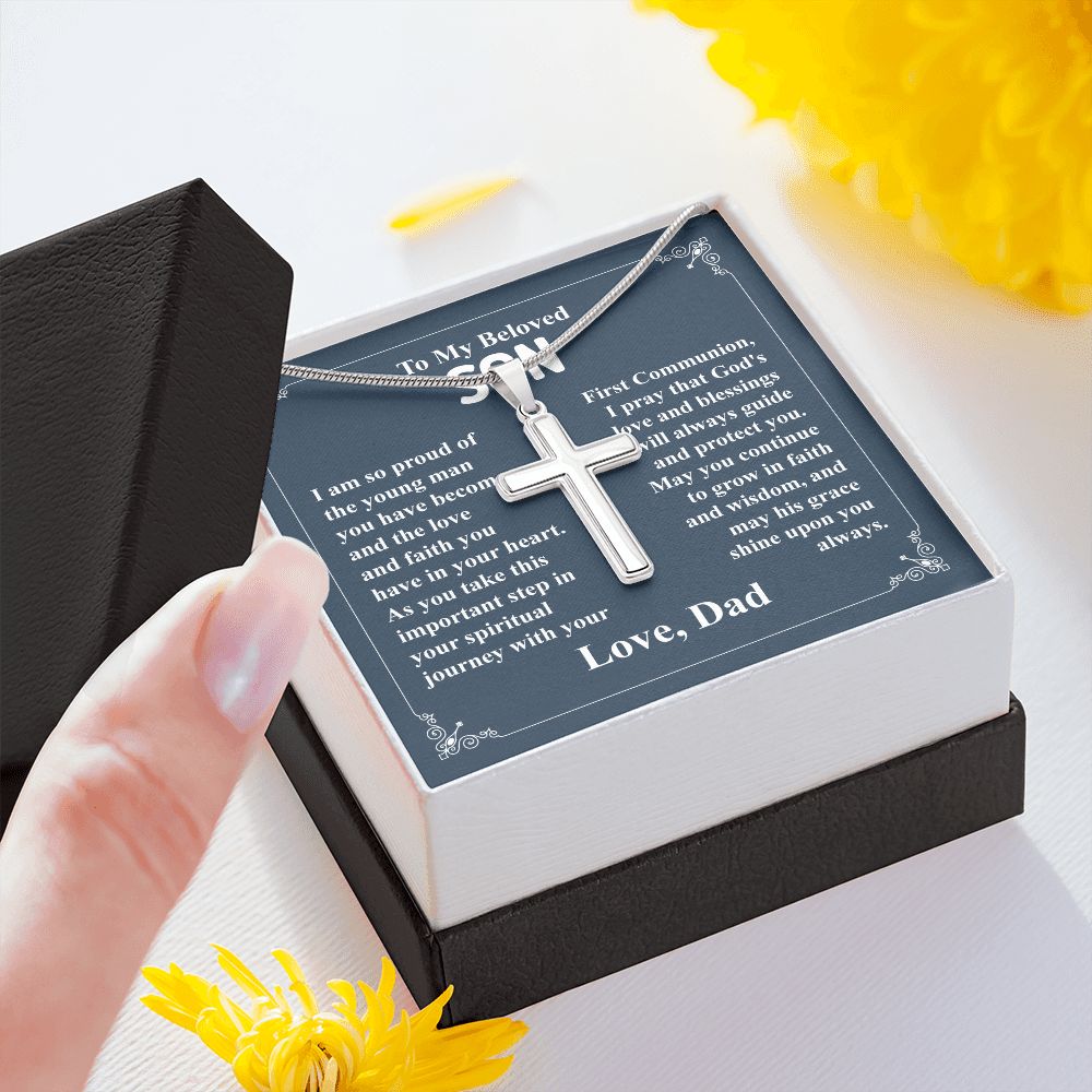 To My Beloved Son I am So Proud Of The Young Man, Cross Necklace Gift From Dad With Amazing Message Card