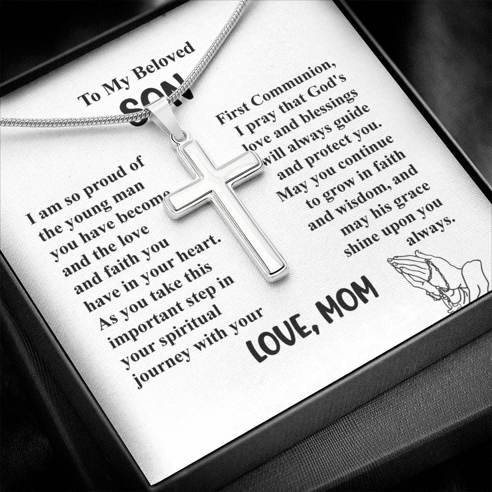 To My Beloved Son I am So Proud of The Young Man - Cross Necklace Gifts From Mom With Beautiful Message